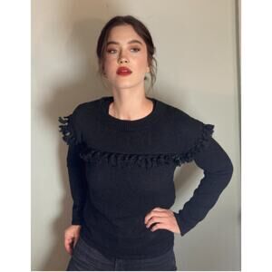 Chloe' Black Cotton Mid-weight Sweater ~ Tassels ~ Sz M ~ French Chic